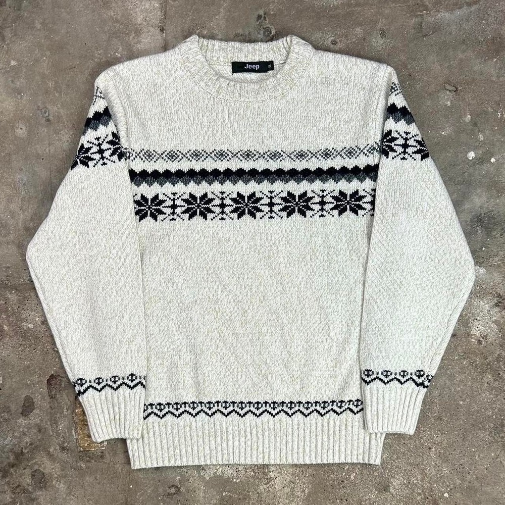 Vintage 90s hrd Jeep Sweater Size XL Cream Fair Isle Knit Pullover Geometric
